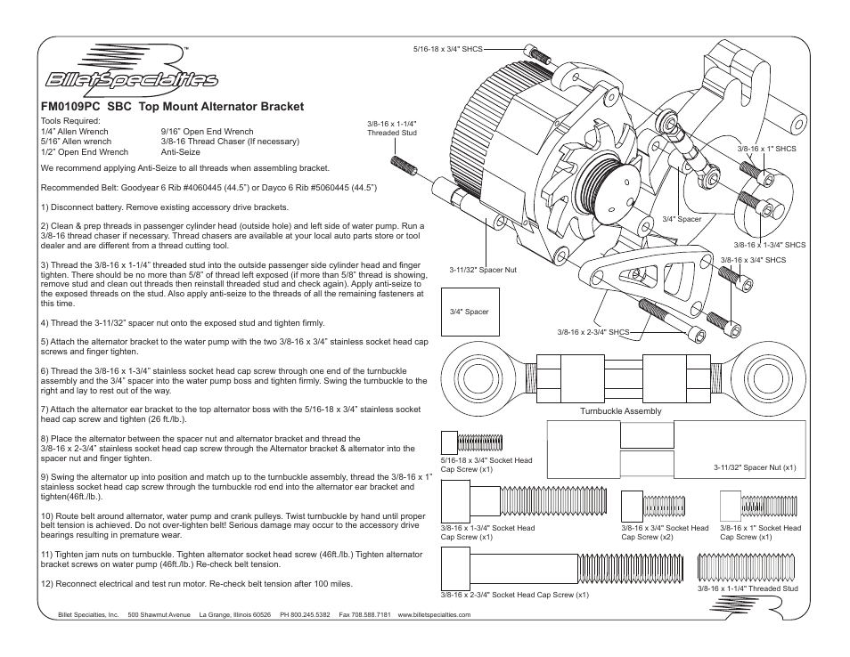 Billet Specialties Serpentine Conversion - SBC - Top Mount Alt & P__S User Manual | 4 pages