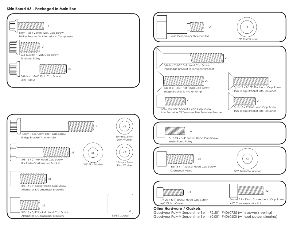 Other hardware / gaskets, Skin board #3 - packaged in main box | Billet Specialties Premium Tru Trac Serpentine System - FE Ford User Manual | Page 3 / 11