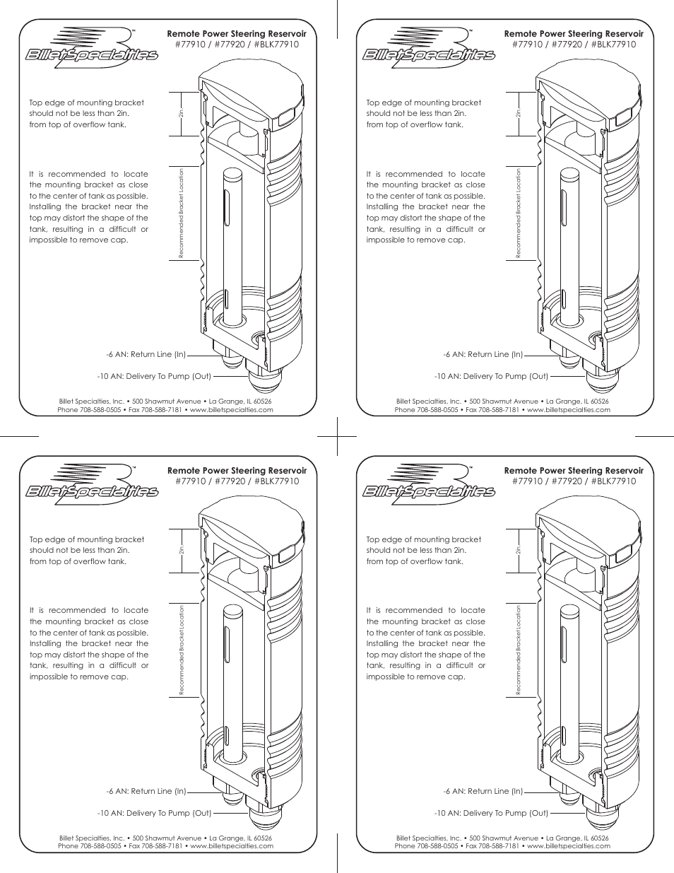 Billet Specialties Remote Power Steering Reservoir 77910 User Manual | 1 page