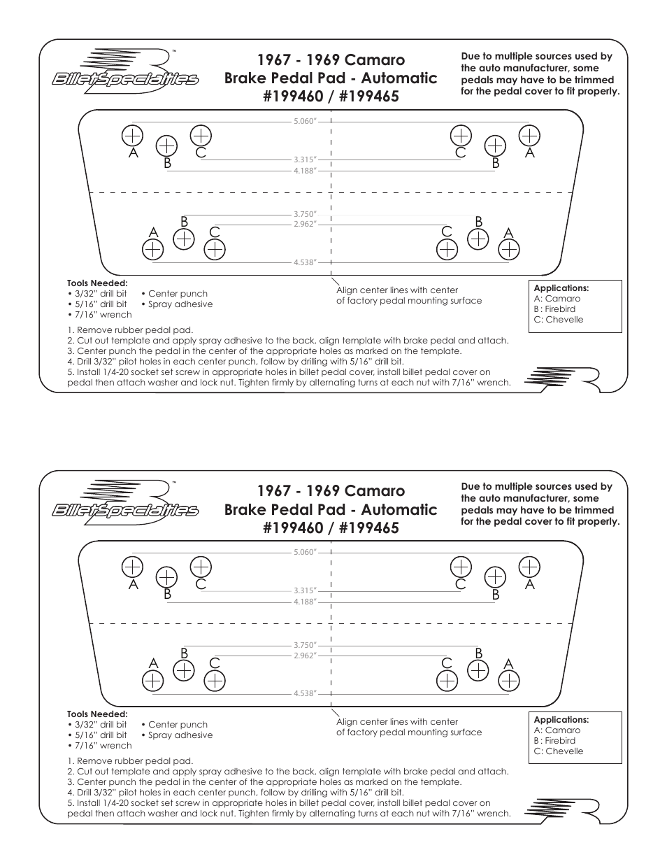 Billet Specialties Brake Pedal 199460 User Manual | 1 page