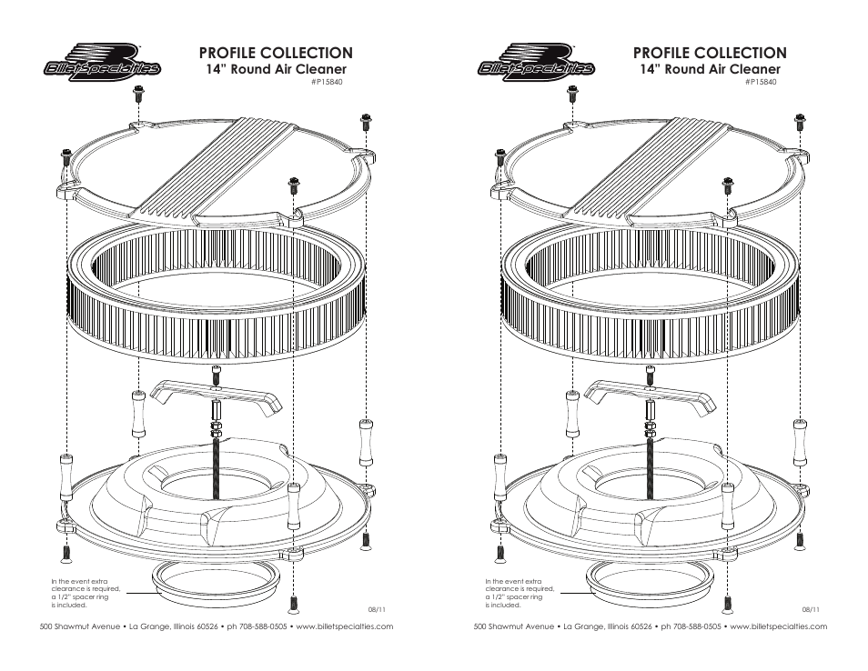 Billet Specialties Air Cleaner - 14" Profile Collection - Round User Manual | 1 page