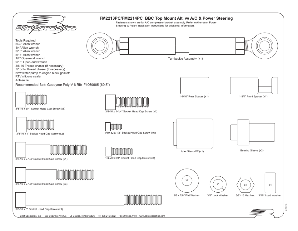 Billet Specialties Serpentine Conversion - BBC - Top Mount Alt, AC, & P__S User Manual | Page 2 / 7