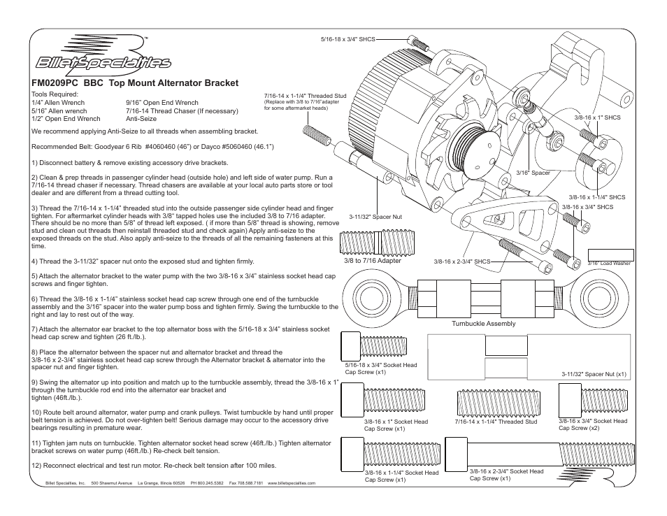 Fm0209pc bbc top mount alternator bracket | Billet Specialties Serpentine Conversion - BBC - Top Mount Alt, AC, & P__S User Manual | Page 4 / 7