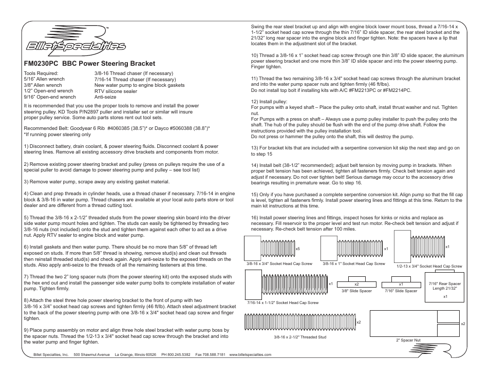 Fm0230pc bbc power steering bracket | Billet Specialties Serpentine Conversion - BBC - Top Mount Alt, AC, & P__S User Manual | Page 5 / 7