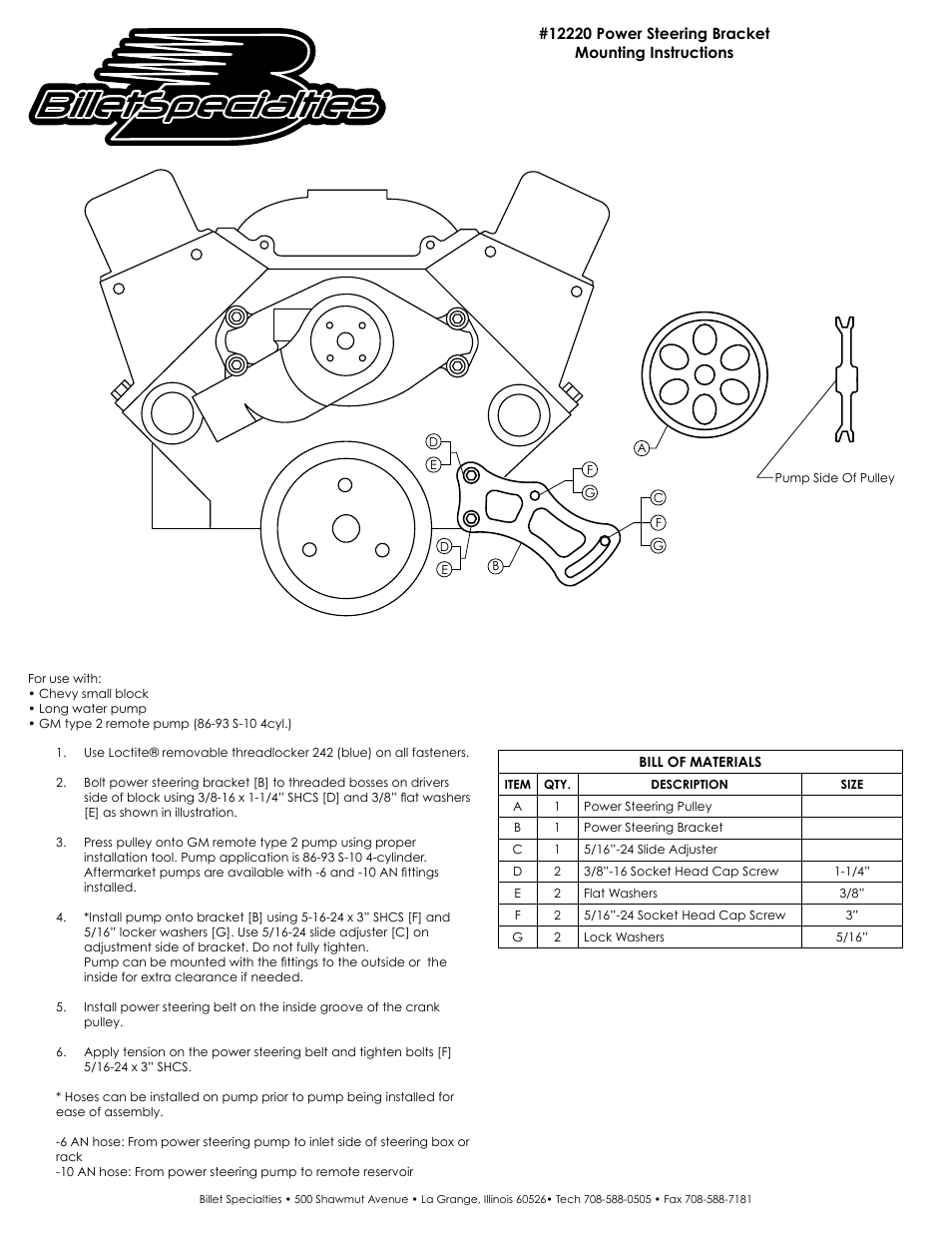 Billet Specialties Bracket – Power Steering SBC w__V-Groove Pulley User Manual | 1 page