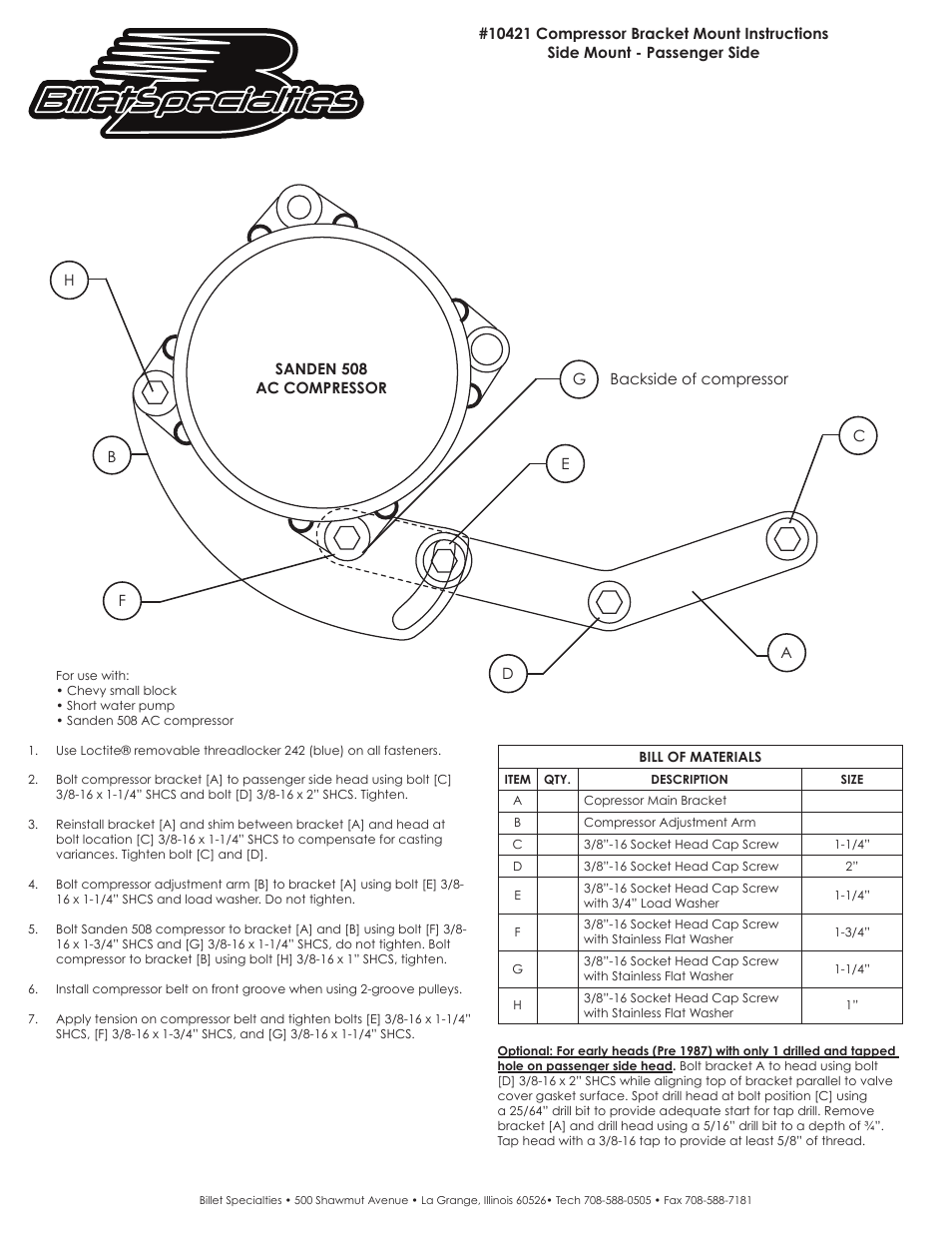 Billet Specialties 10421 Compressor Bracket User Manual | 1 page