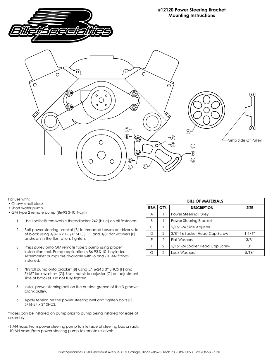 Billet Specialties 12120 Power Steering Bracket User Manual | 1 page