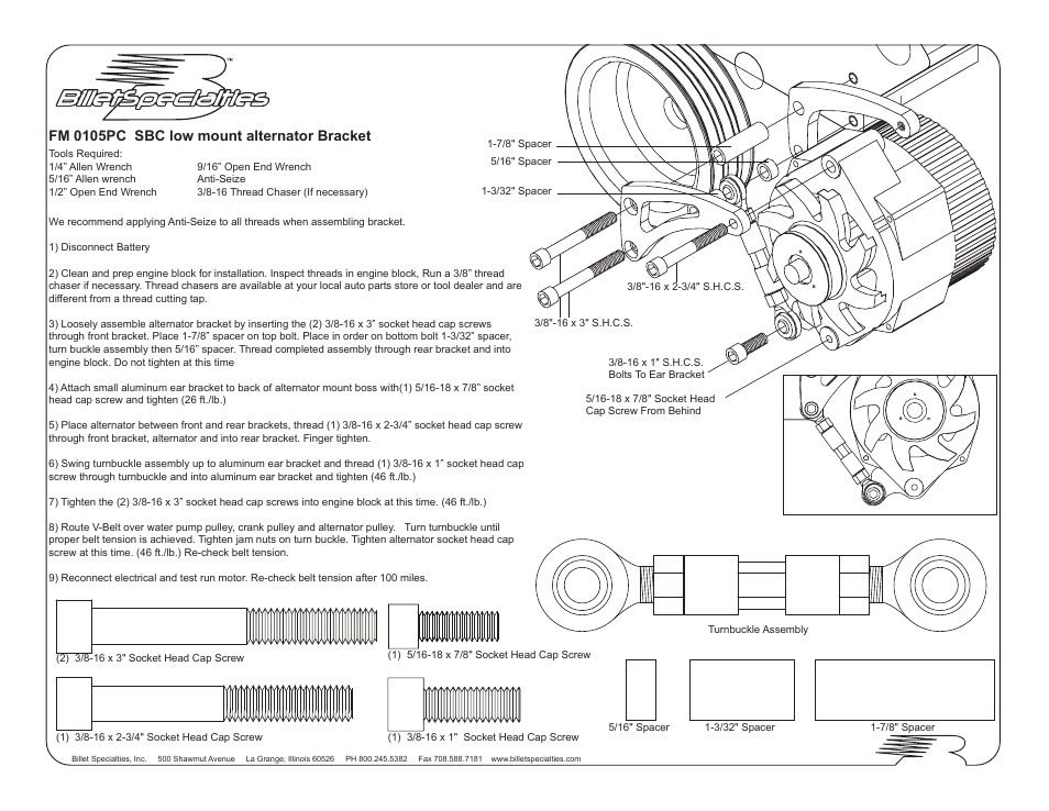 Billet Specialties FM 0105PC SBC User Manual | 1 page