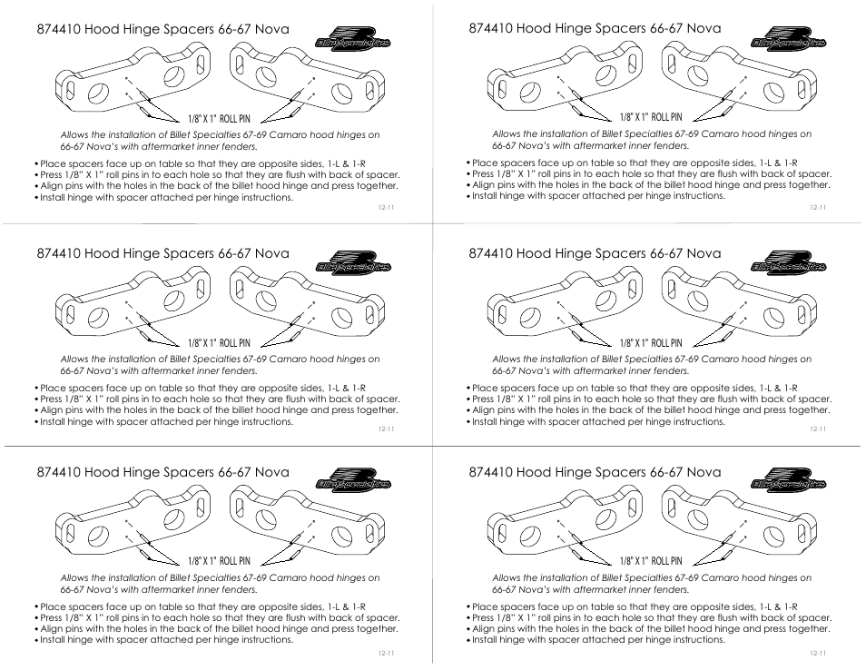 Billet Specialties 874410 User Manual | 1 page