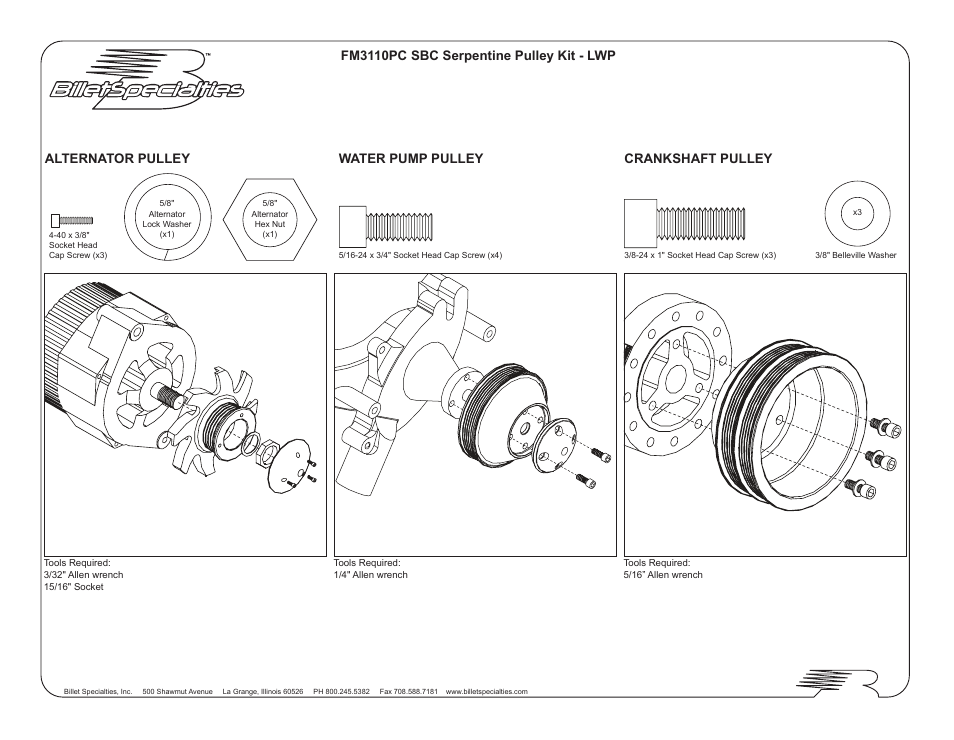 Billet Specialties FM3110PC SBC Serpentine Pulley User Manual | 1 page