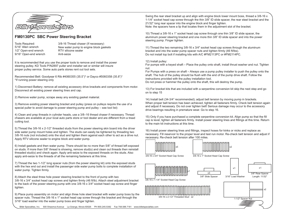 Fm0130pc sbc power steering bracket | Billet Specialties Serpentine Conversion - SBC - Mid Mount Alt & P__S User Manual | Page 3 / 5
