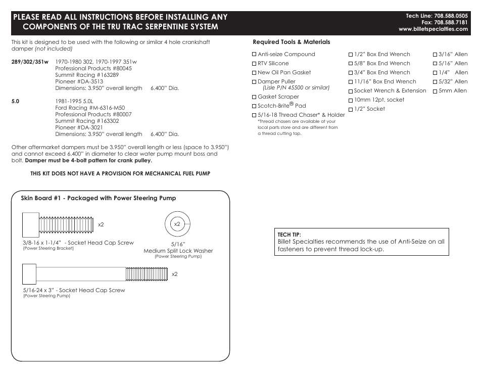 Billet Specialties Tru Trac Serpentine System - Small Block Ford User Manual | Page 2 / 13