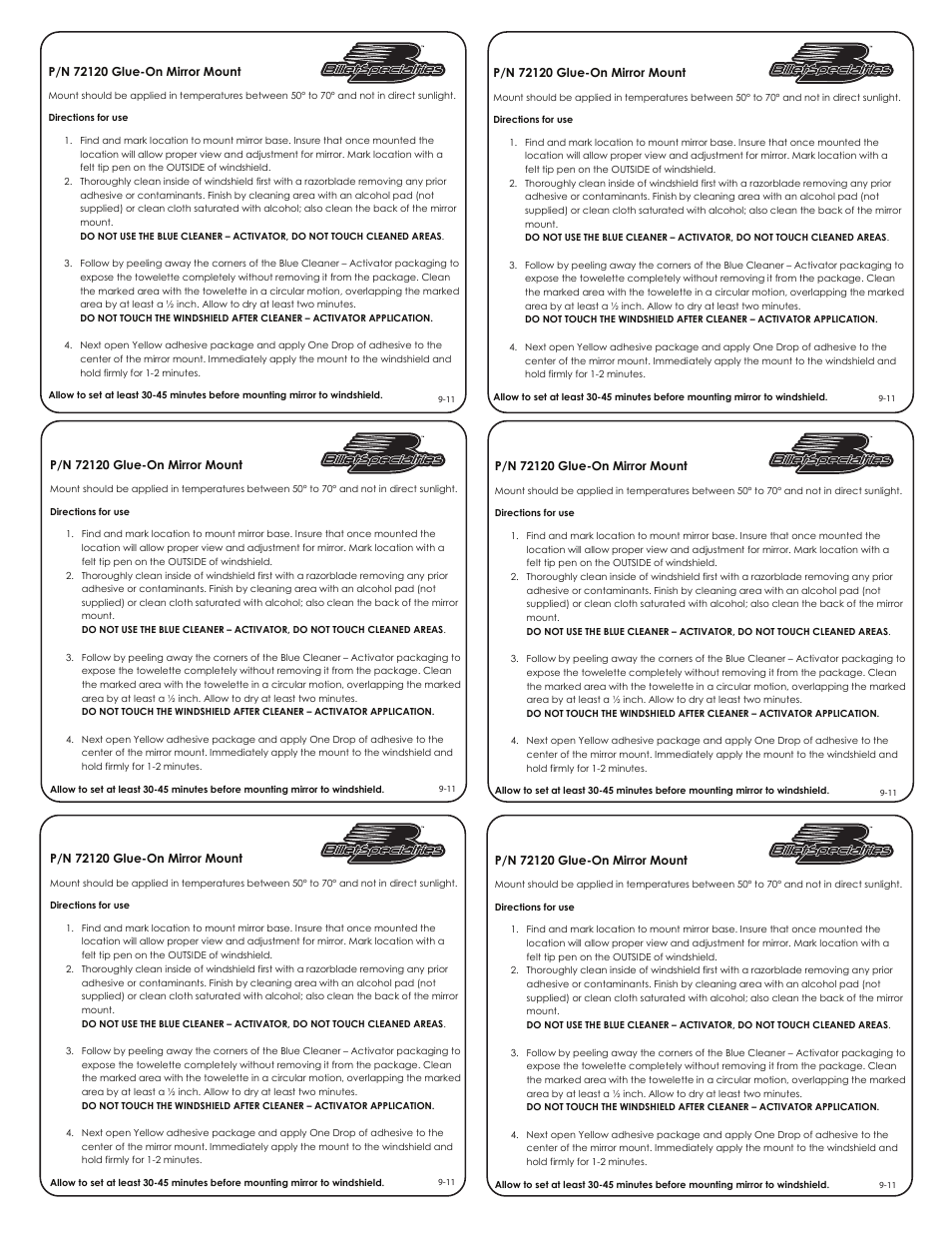 Billet Specialties P/N 72120 Glue-On Mirror Mount User Manual | 1 page