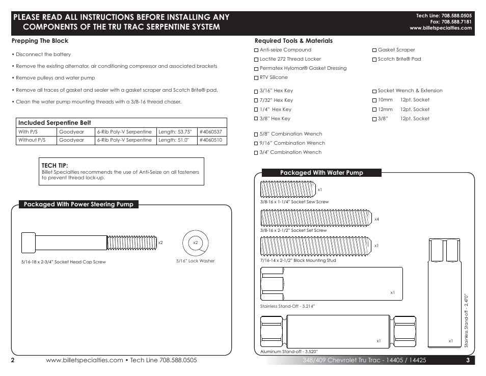 Billet Specialties Premium Tru Trac Serpentine System - 348__409 Chevy User Manual | Page 2 / 9