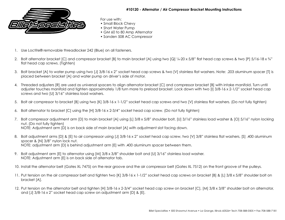 Billet Specialties 10120 - Alternator User Manual | 2 pages