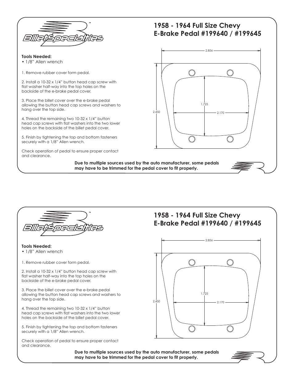 Billet Specialties E-Brake Pedal 199640 User Manual | 1 page