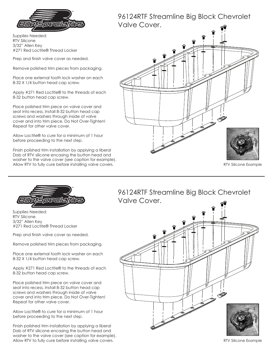 Billet Specialties 96124RTF Streamline Big Block User Manual | 1 page