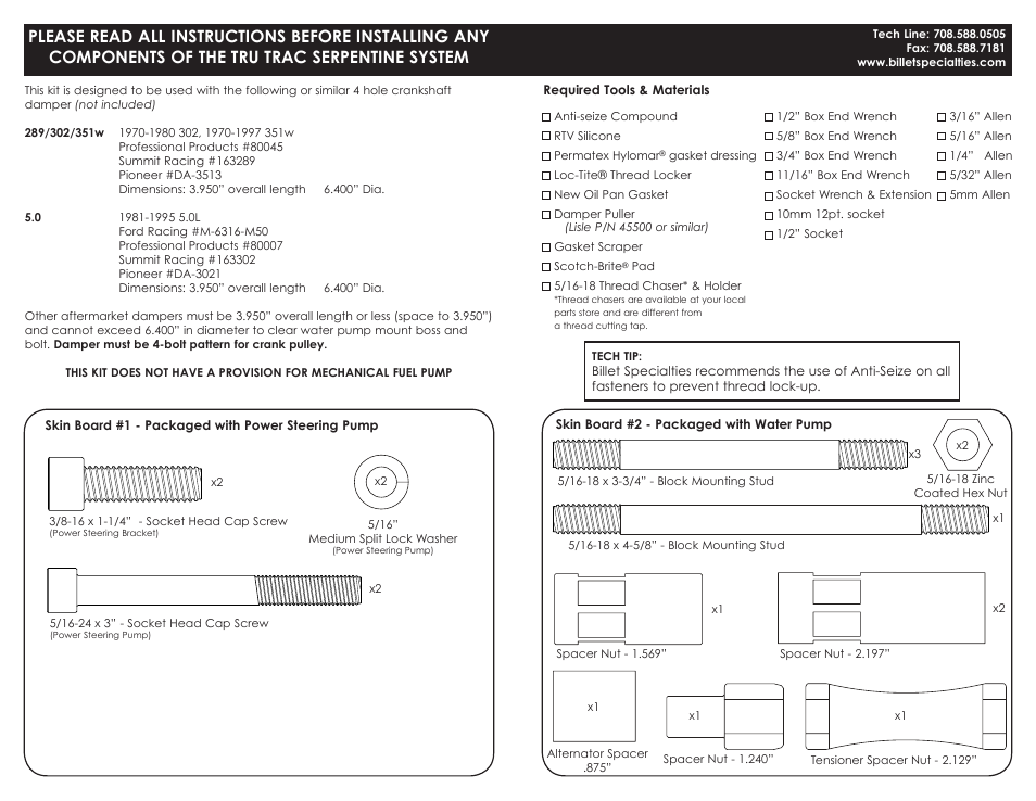Billet Specialties Premium Tru Trac Serpentine System - Small Block Ford User Manual | Page 2 / 15