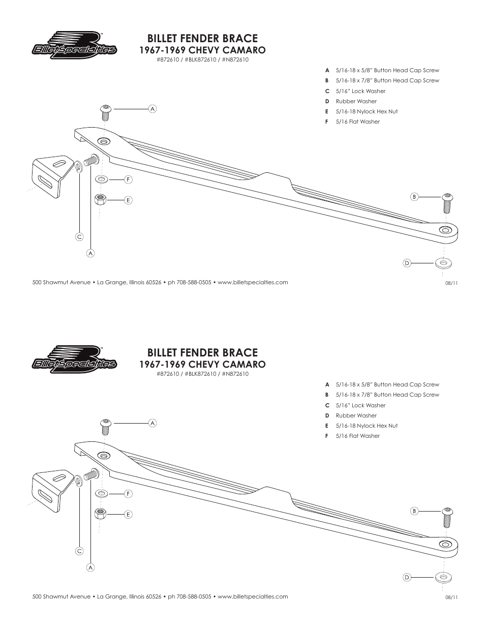 Billet Specialties Fender Braces 872610 User Manual | 1 page