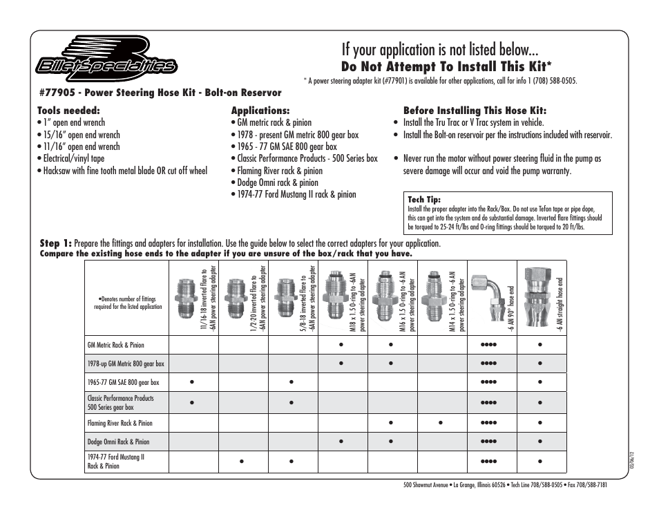 Billet Specialties Power Steering Hose Kit for Pump Mount Reservoir User Manual | 3 pages