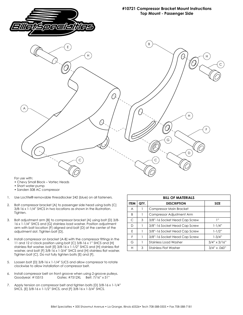 Billet Specialties 10721 Compressor Bracket User Manual | 1 page