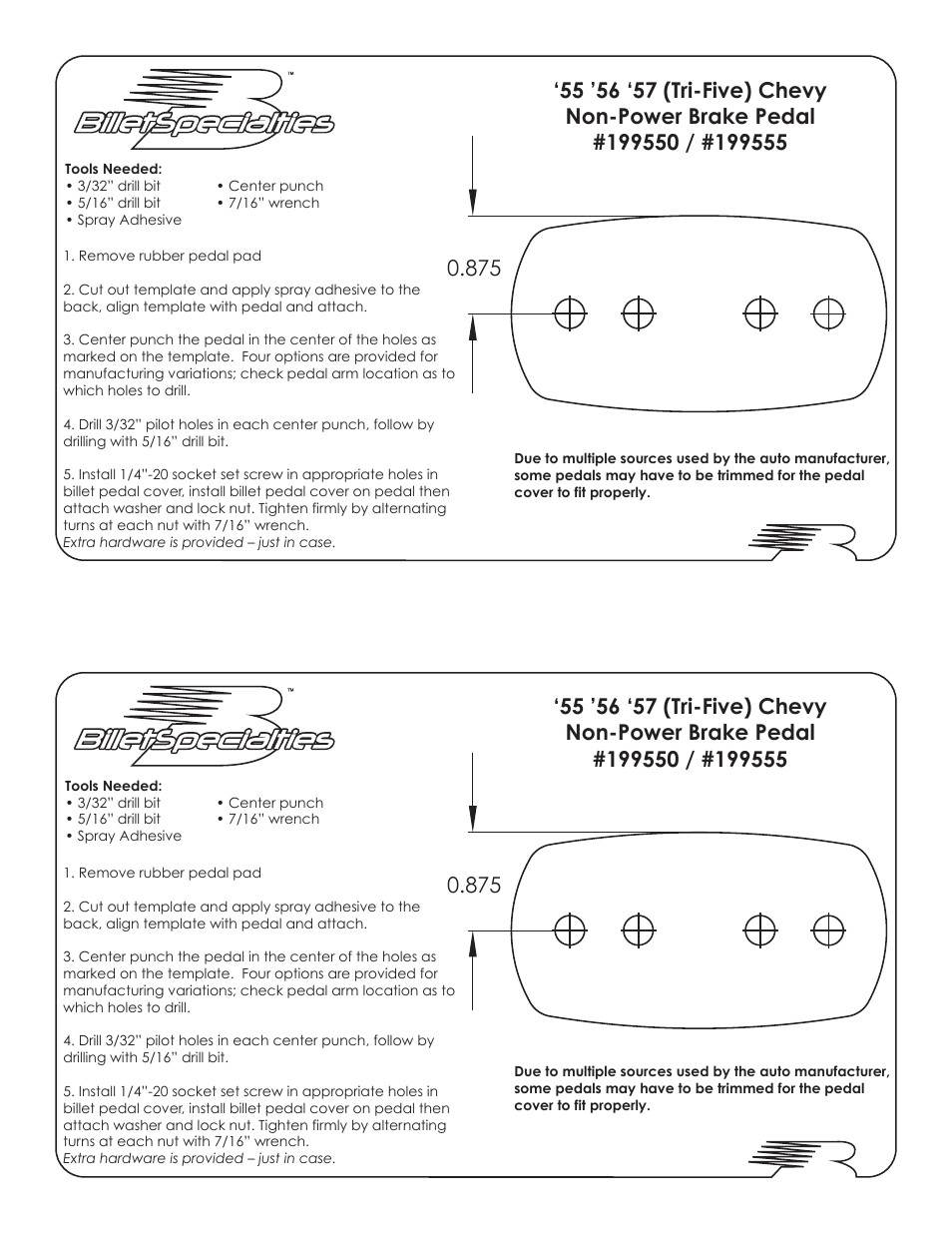 Billet Specialties Non-Power Brake 199550 User Manual | 1 page