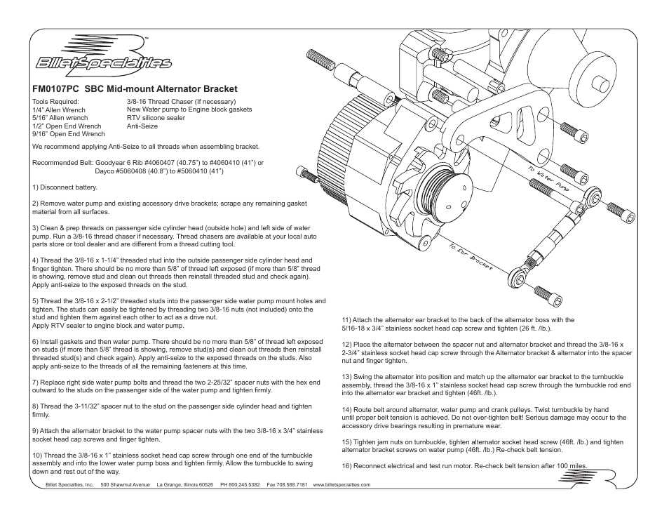 Billet Specialties Bracket - Alternator Mid Mount SBC Long WP User Manual | 2 pages