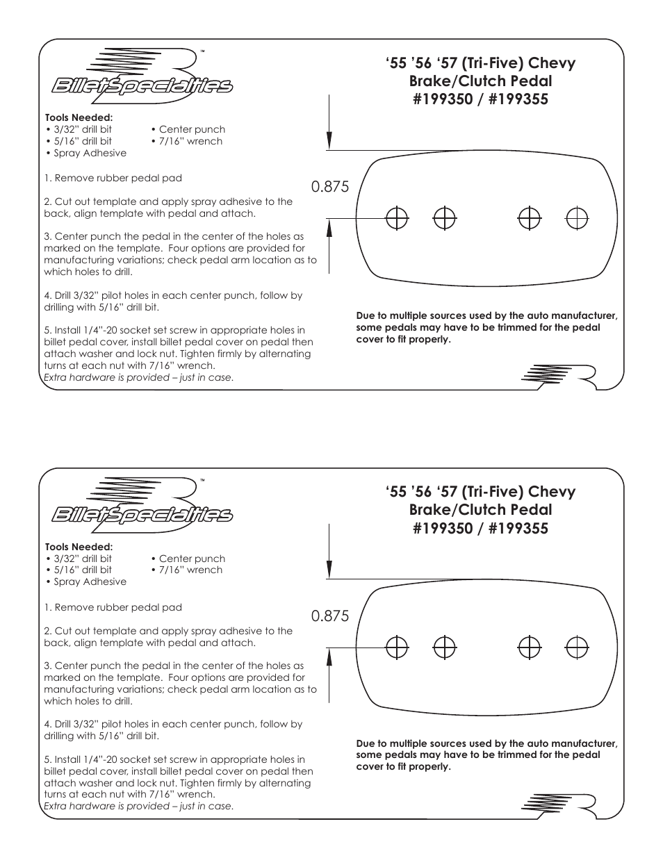 Billet Specialties Brake/Clutch Pedal 199350 User Manual | 1 page