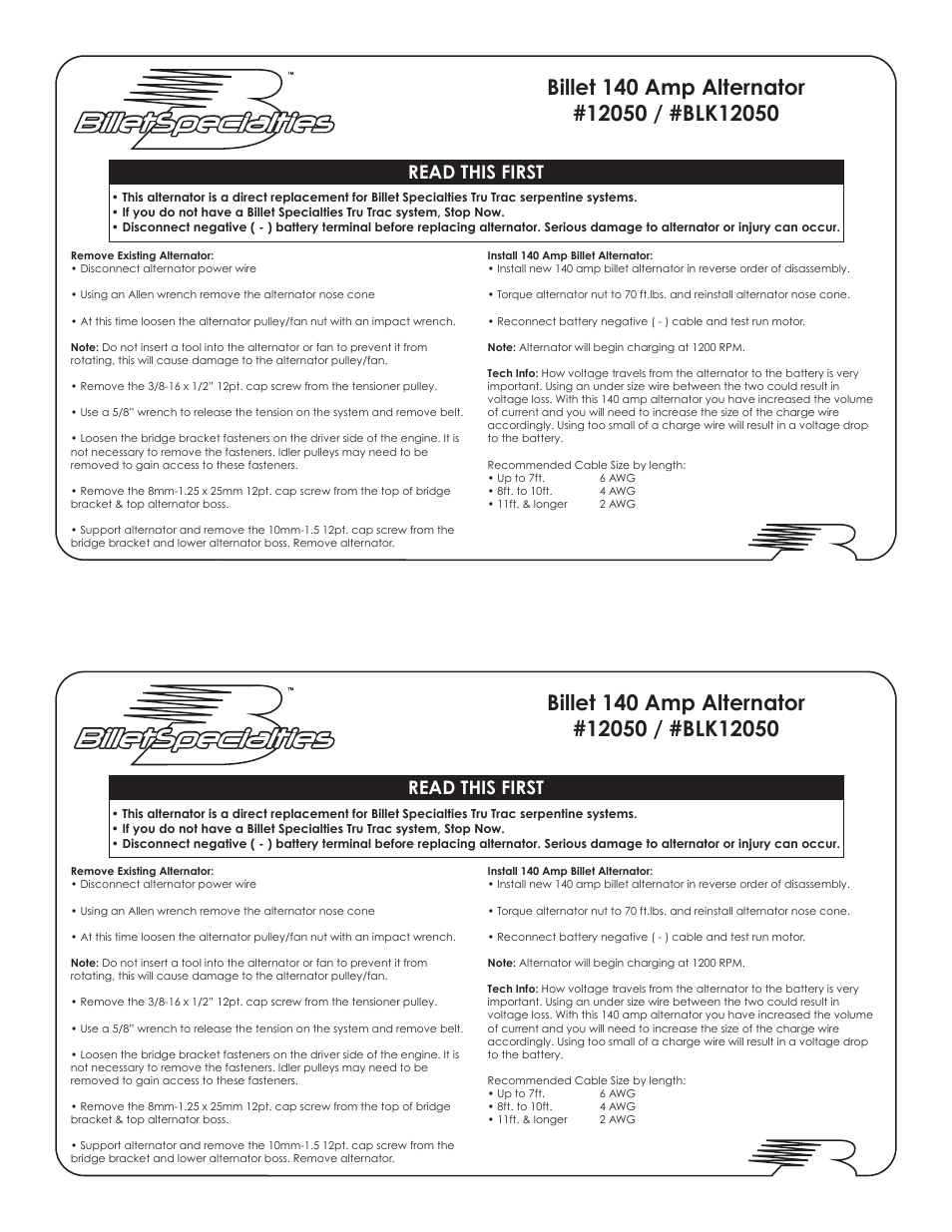 Billet Specialties Alternator – Billet Casing 140 Amp 1-Wire User Manual | 1 page