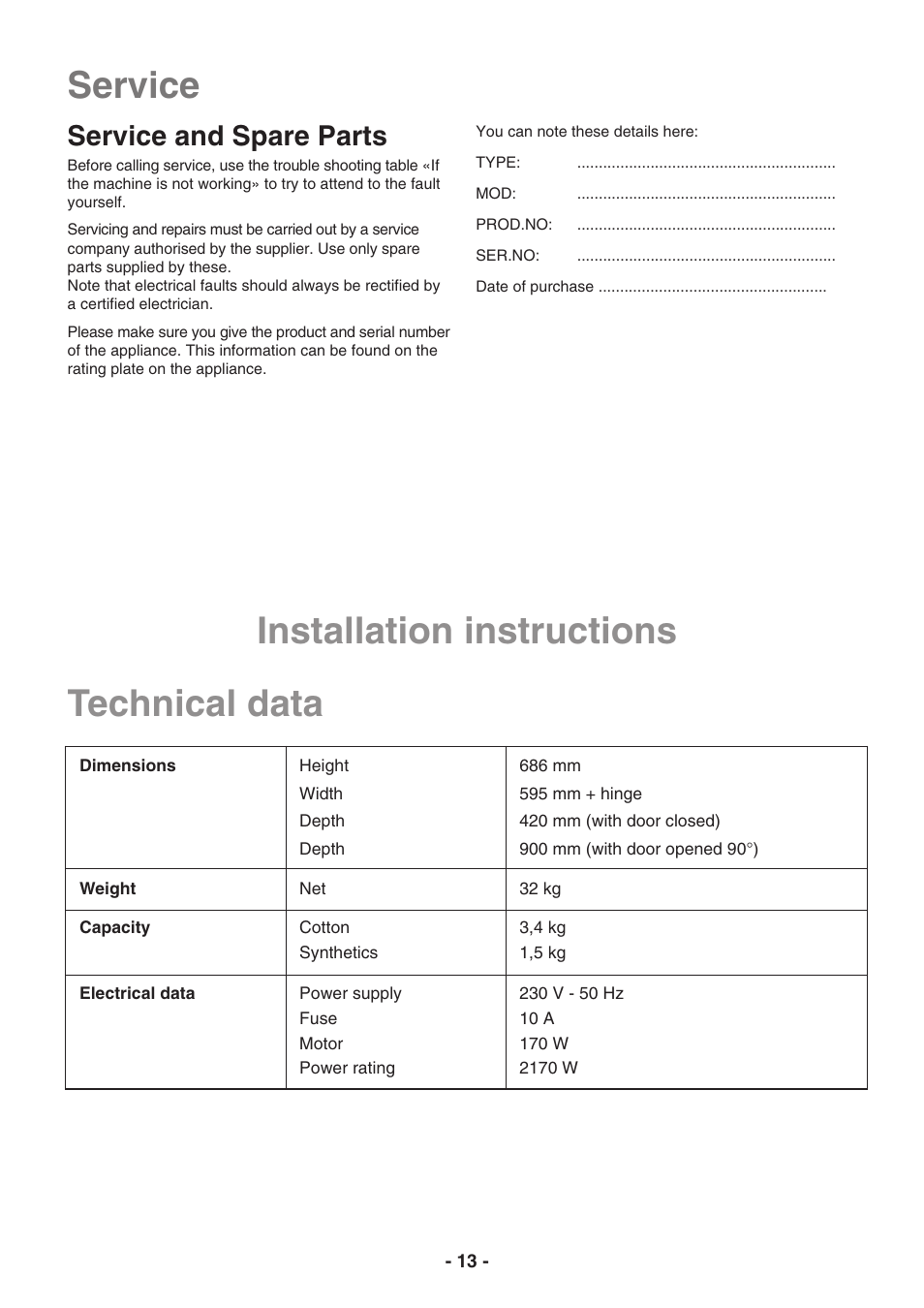 Technical data, Service, Installation instructions | Service and spare parts | Electrolux EDC3250 User Manual | Page 13 / 32