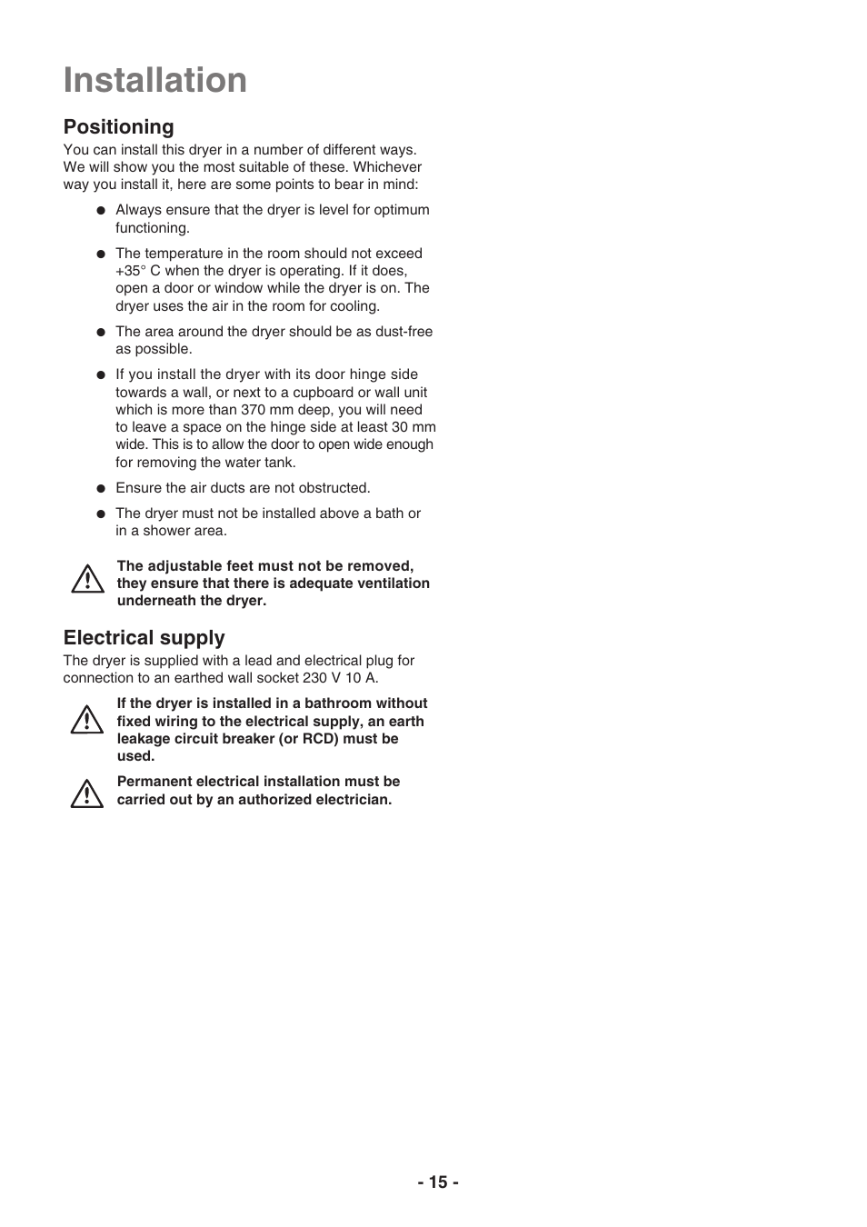 Installation, Positioning, Electrical supply | Electrolux EDC3250 User Manual | Page 15 / 32