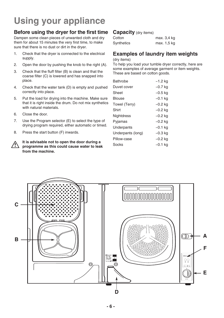 Using your appliance, Before using the dryer for the first time, Capacity | Examples of laundry item weights | Electrolux EDC3250 User Manual | Page 6 / 32