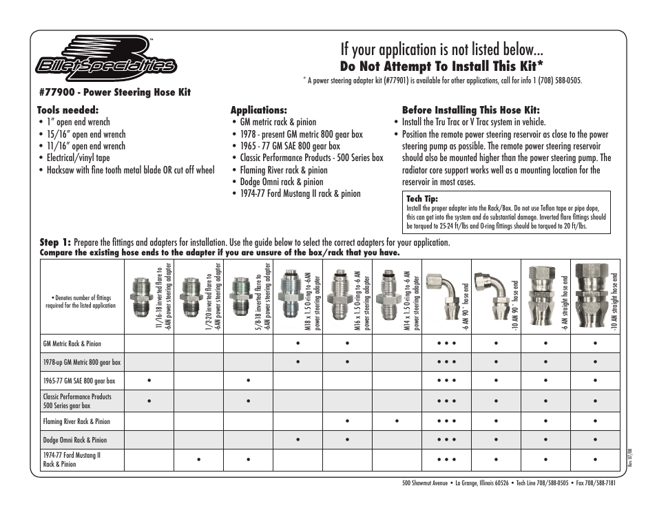 Billet Specialties Power Steering Hose Kit for Remote Reservoir User Manual | 4 pages