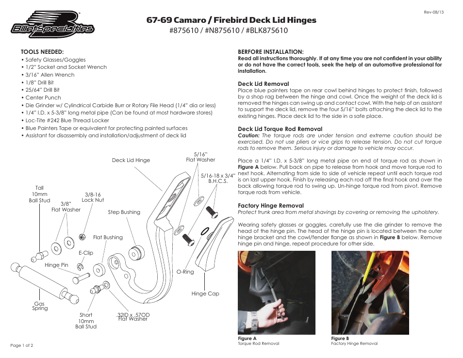 Billet Specialties 1967-1969 Camaro User Manual | 2 pages