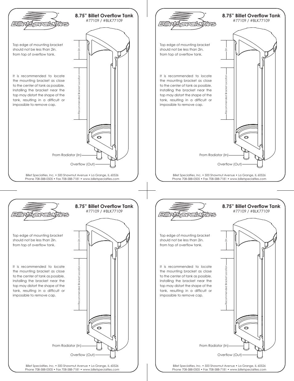 Billet Specialties Overflow Tank - 8.75" User Manual | 1 page