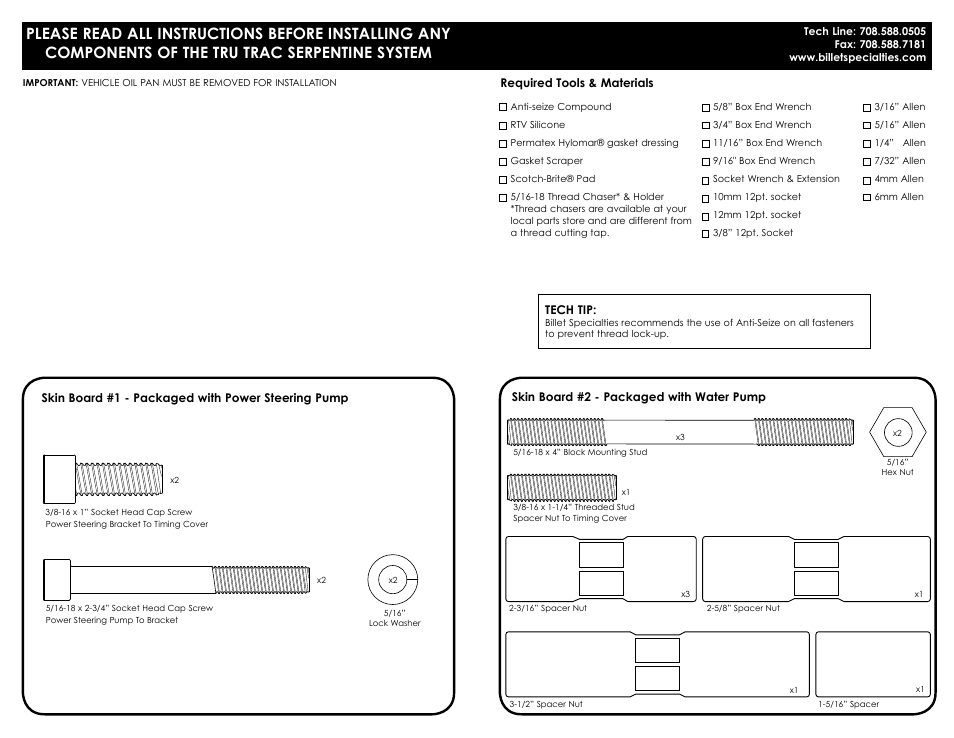 Billet Specialties Premium Tru Trac Serpentine System - Big Block Ford User Manual | Page 2 / 9