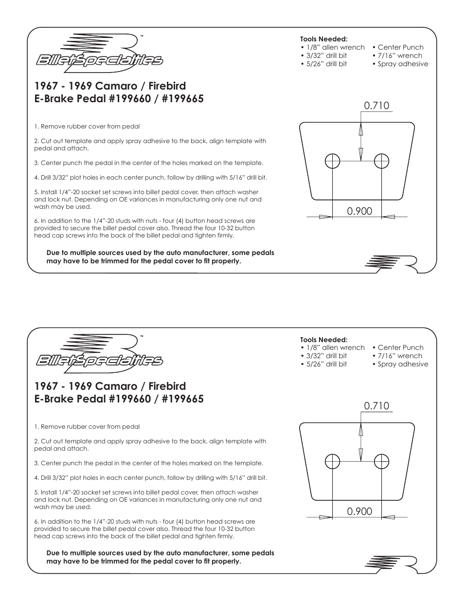 Billet Specialties E-Brake Pedal 199660 User Manual | 1 page