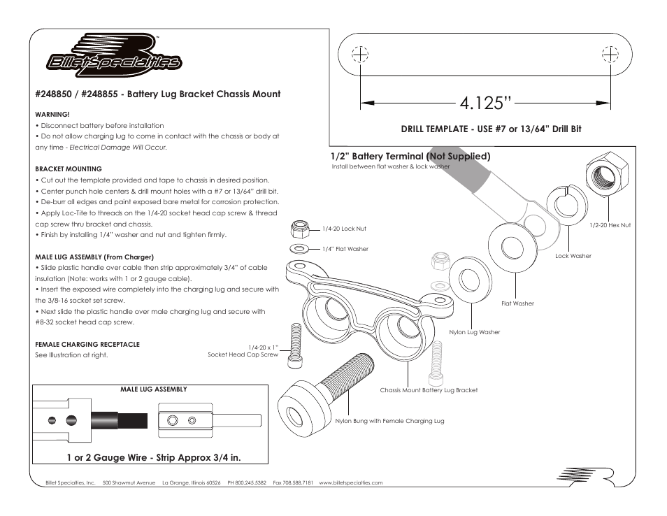Billet Specialties 248855 - Battery Lug Bracket Chassis Mount User Manual | 1 page