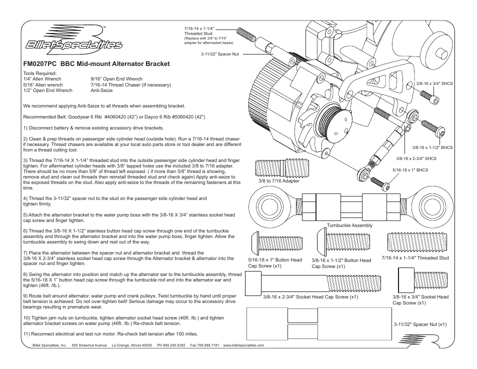 Billet Specialties Serpentine Conversion - BBC - Mid Mount Alt & P__S User Manual | 4 pages