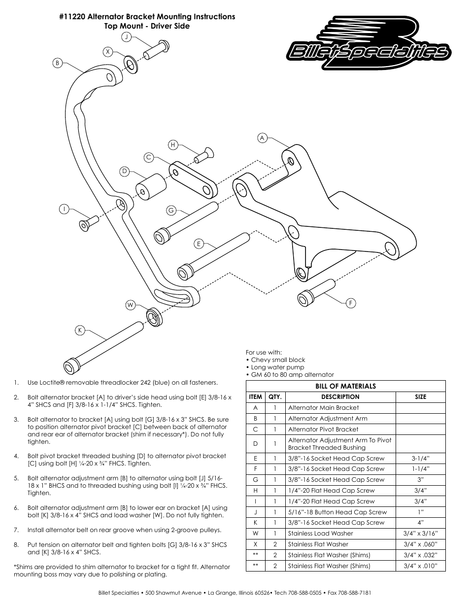 Billet Specialties 11220 Alternator Bracket User Manual | 1 page