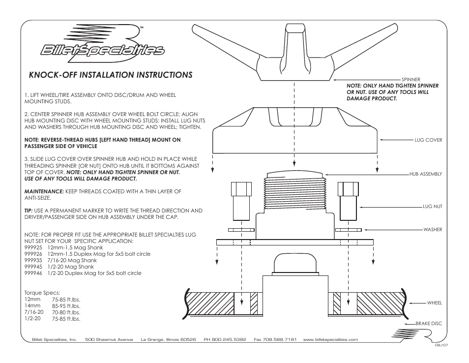 Billet Specialties Legacy & Dragster Knock-Offs User Manual | 1 page