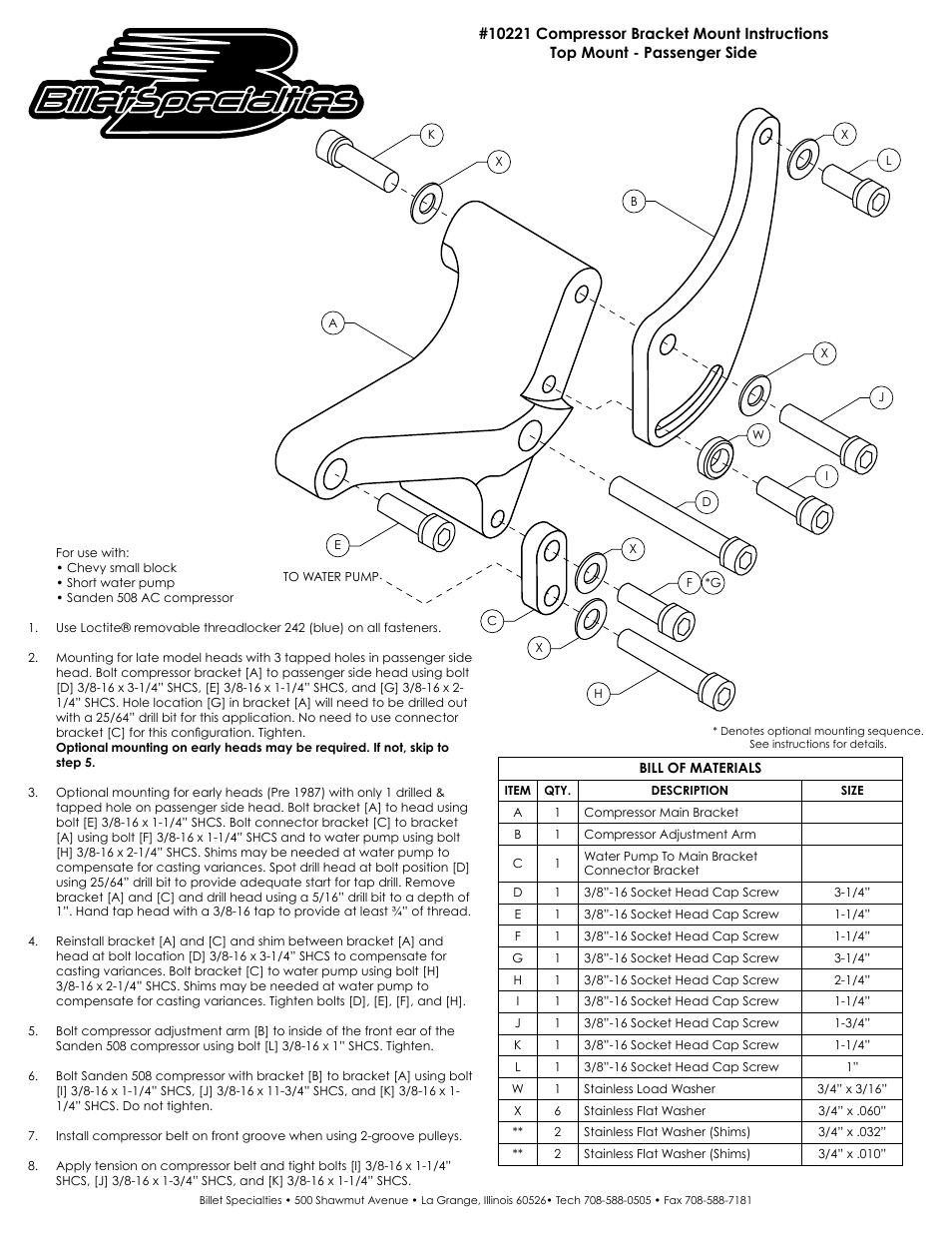 Billet Specialties 10221 Compressor Bracket User Manual | 1 page