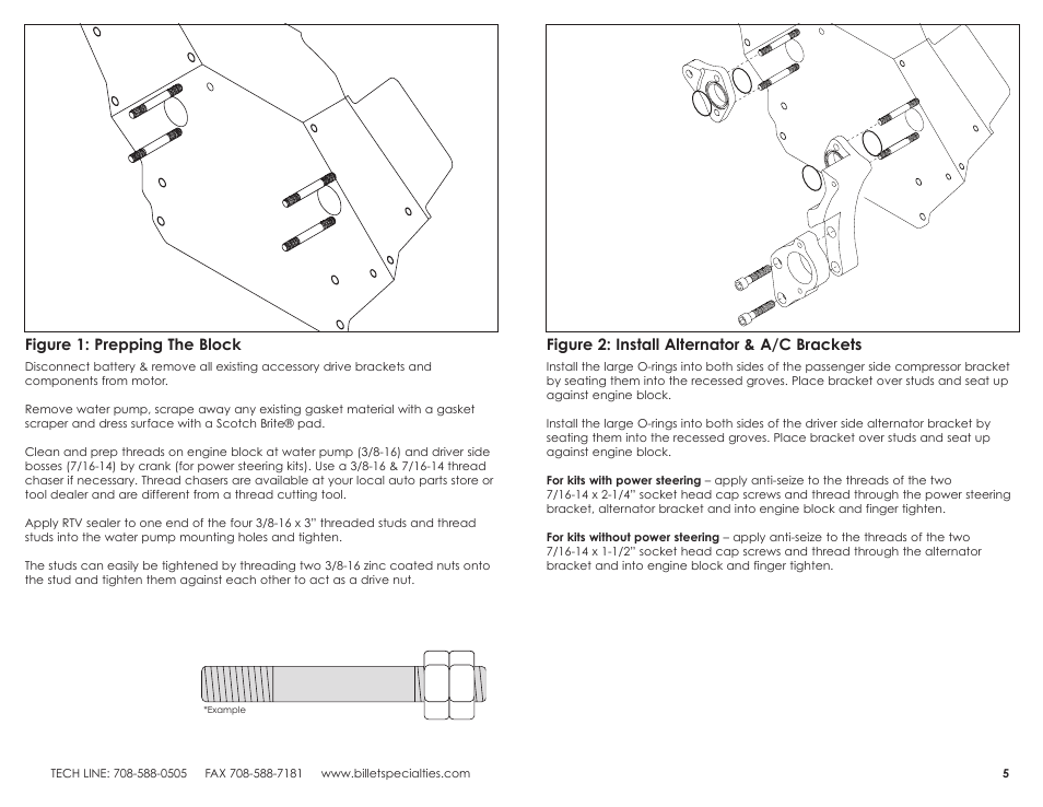 Figure 2: install alternator & a/c brackets, Figure 1: prepping the block | Billet Specialties V-Trac Pulley System - Big Block Chevy User Manual | Page 3 / 7