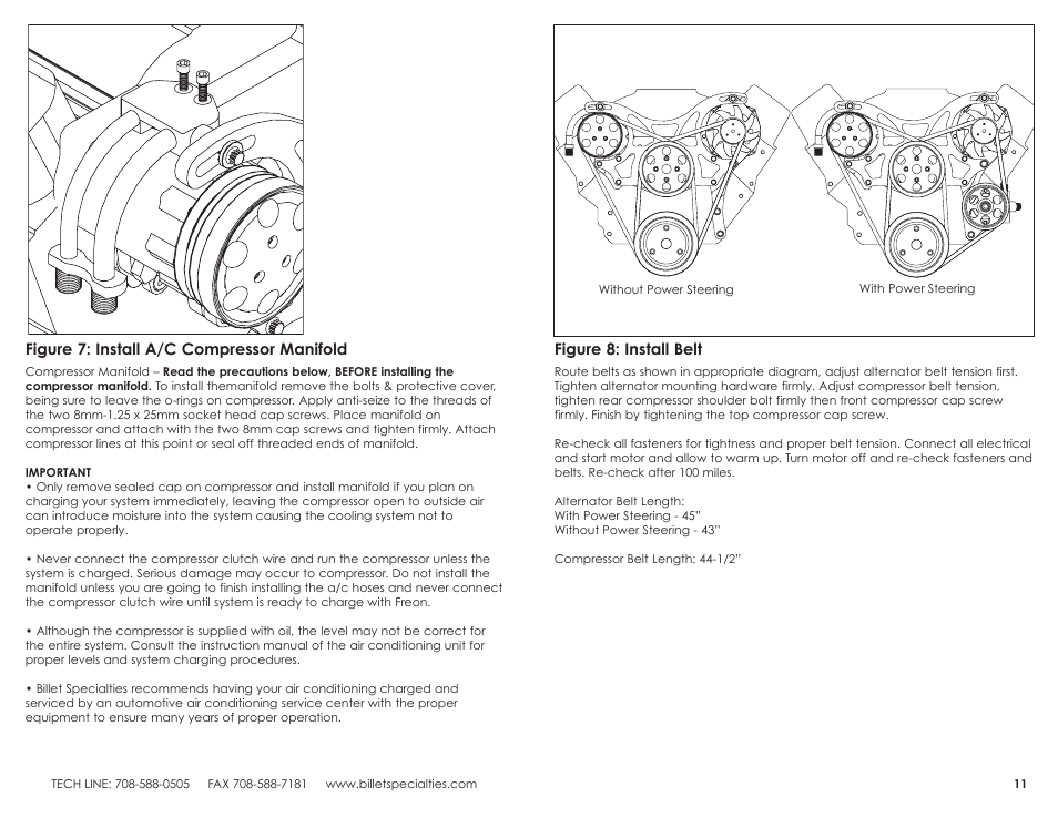 Figure 8: install belt, Figure 7: install a/c compressor manifold | Billet Specialties V-Trac Pulley System - Big Block Chevy User Manual | Page 6 / 7