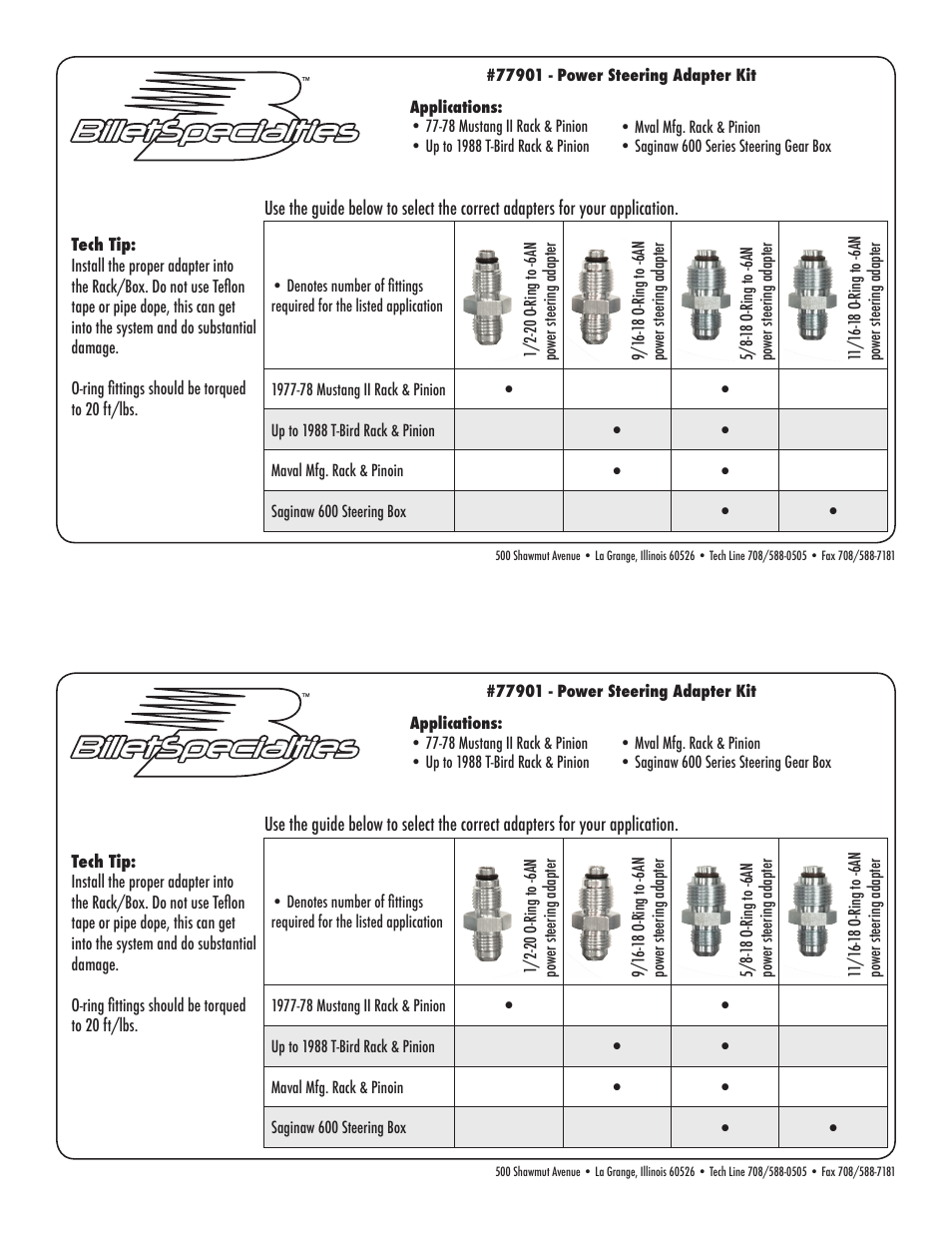 Billet Specialties 77901 - Power Steering Adapter Kit User Manual | 1 page