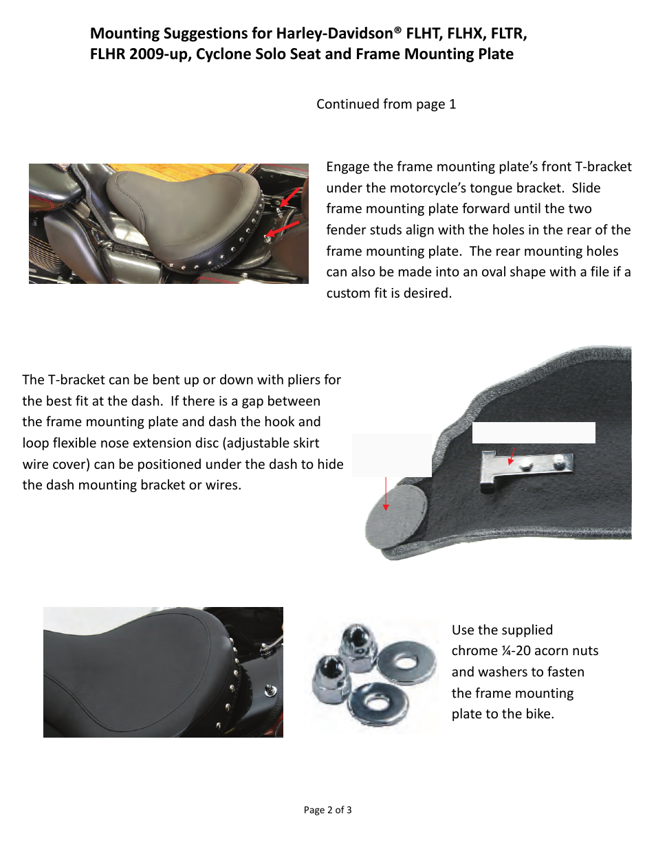 Mustang Motorcycle Seats Cyclone Frame Mounting Plate 2009-2013 Road King, FLHT, FLTR & FLHX Street Glide User Manual | Page 2 / 3