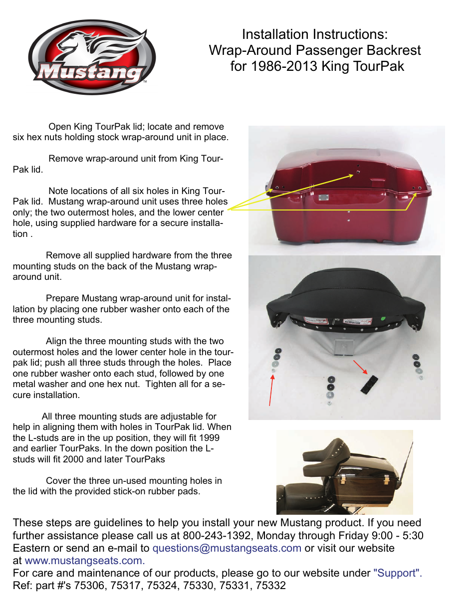 Mustang Motorcycle Seats Extended Arm Wrap-Around Backrest, Chrome Studded Smooth for King Tour-Pak only User Manual | 1 page