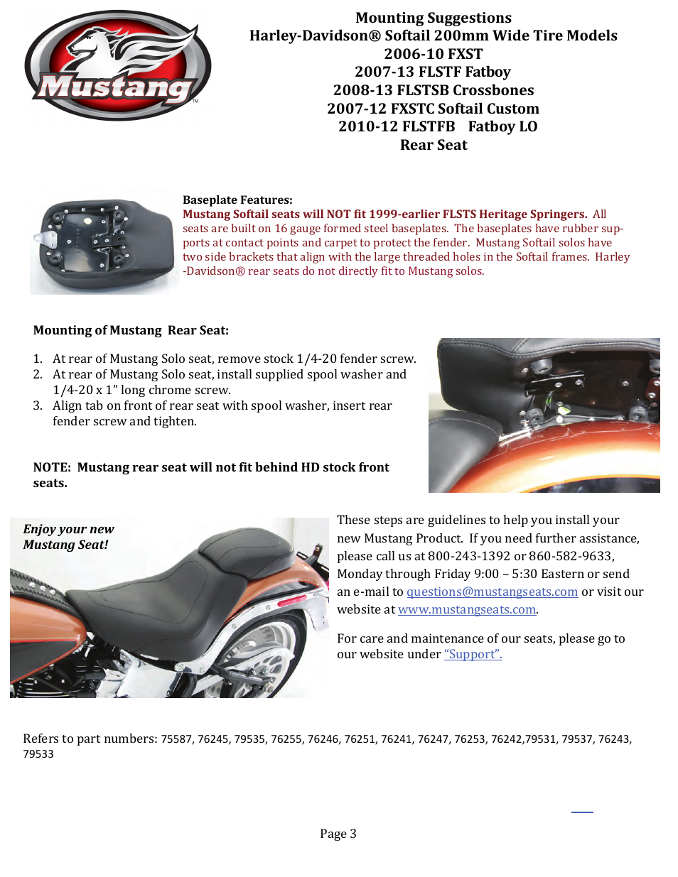Mounting suggestions, Harley­davidson® softail 200mm wide tire models, 2006­10 fxst | 2007­13 flstf fatboy, 2008­13 flstsb crossbones, 2007­12 fxstc s softail custom, 2010­12 flstfb fatboy lo, Rear seat | Mustang Motorcycle Seats Sport Touring Studded Recessed Rear Seat - Harley-Davidson FXST, FLSTF & FLSTSB Softail User Manual | Page 3 / 3