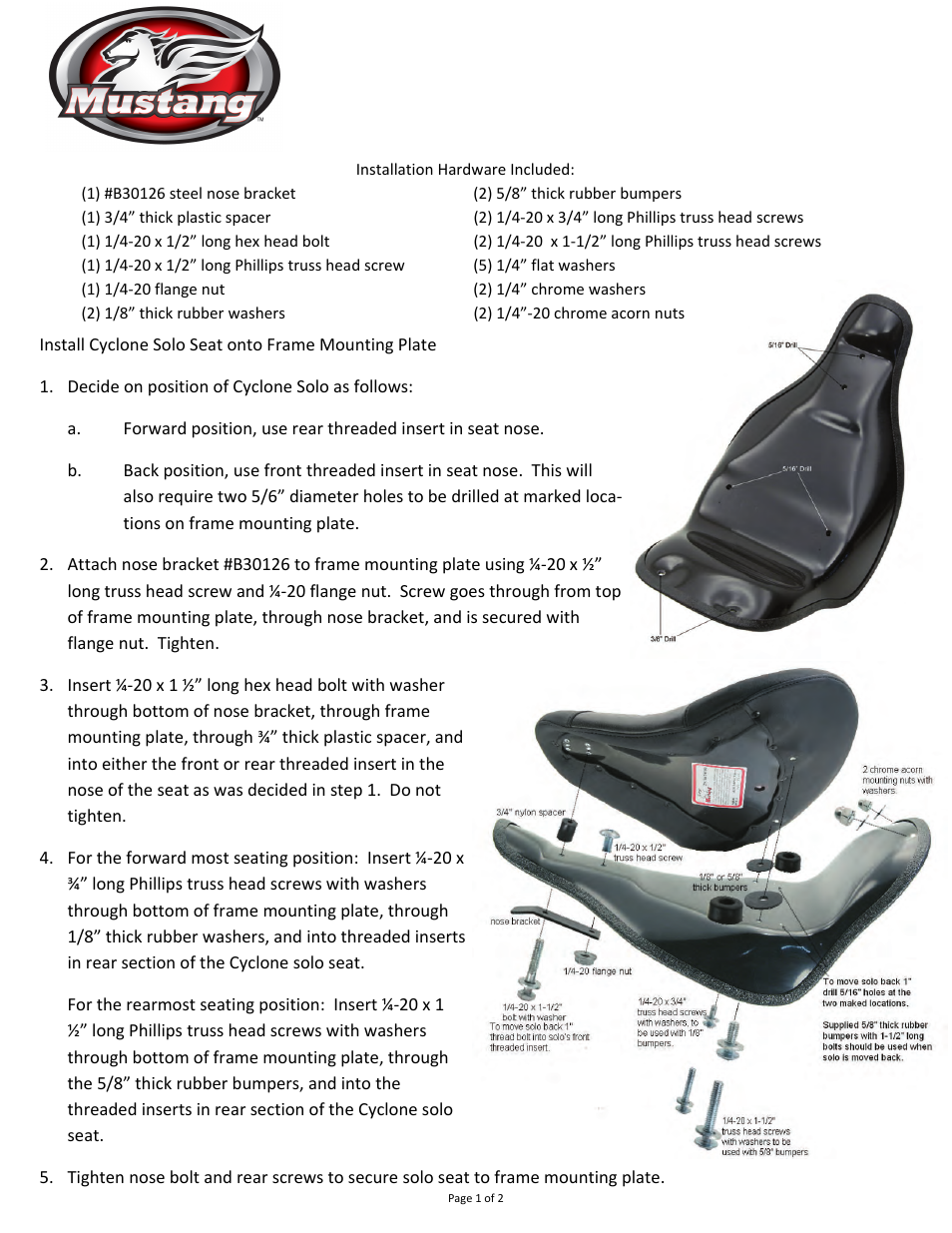 Mustang Motorcycle Seats Cyclone Frame Mounting Plate 2006-2013 FLSTF Fat Boy Only User Manual | 2 pages