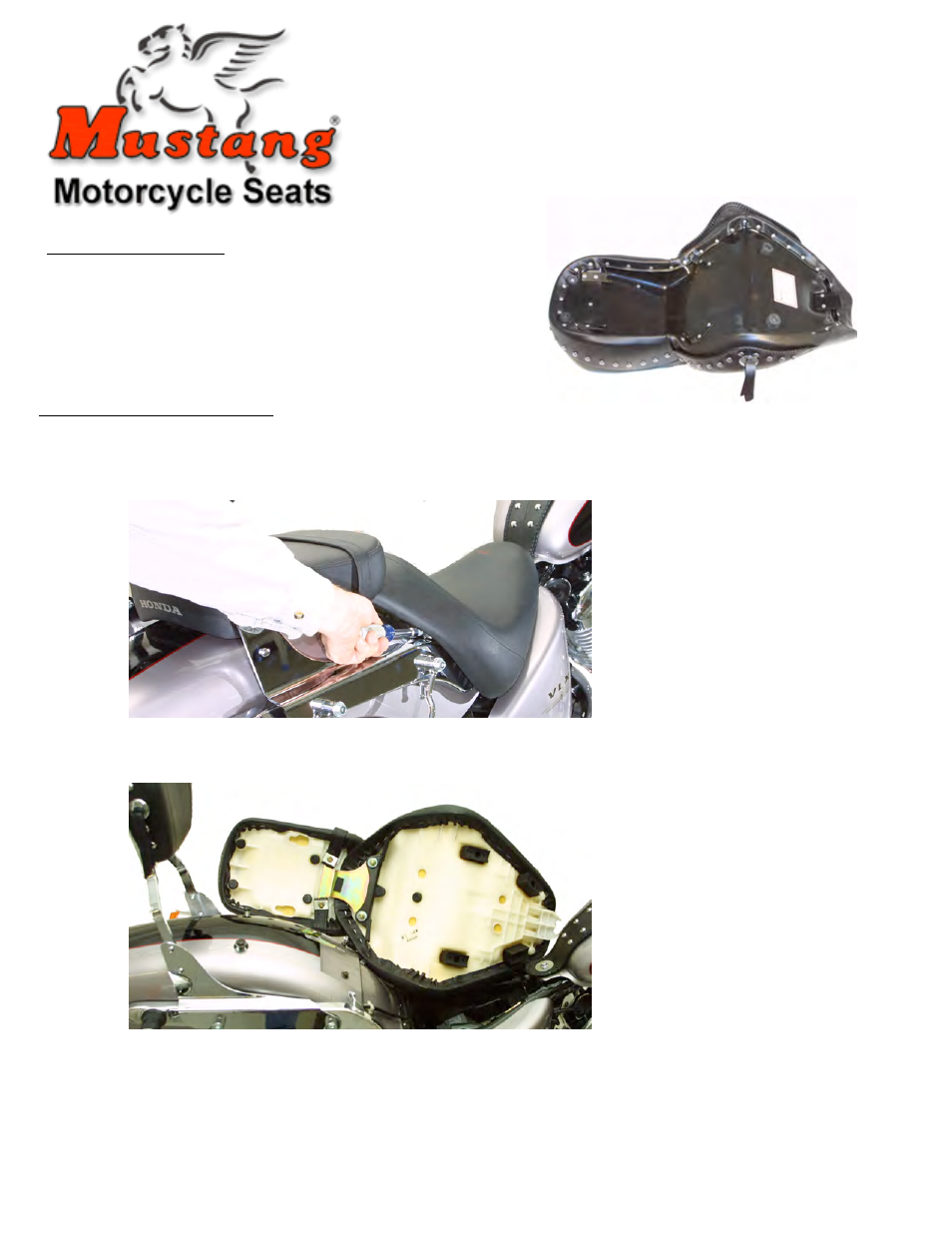 Mustang Motorcycle Seats Wide Touring One-Piece Vintage Seat - Honda VLX600 Shadow, No Studs, No Conchos User Manual | 3 pages
